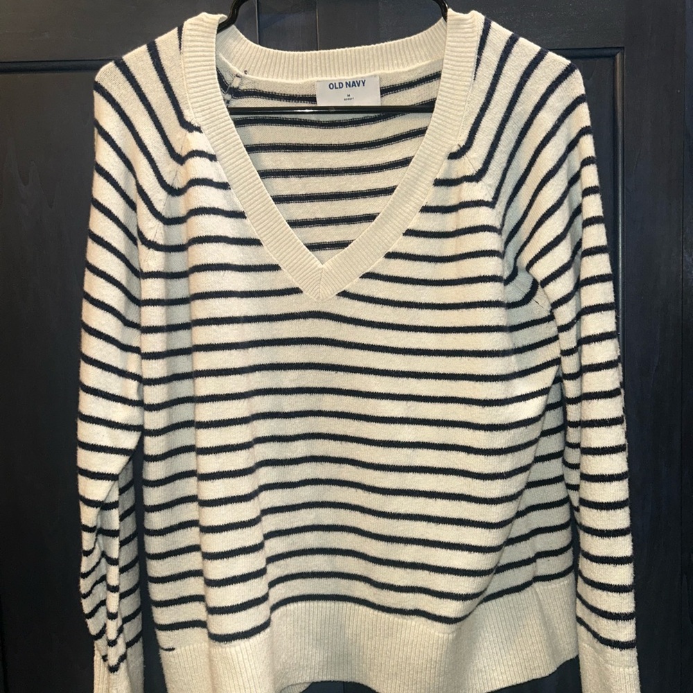 Old Navy Women's V-Neck Sweater - Cream and Black Stripes